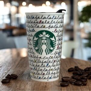 Starbucks Holiday FaLaLa 2011 Ceramic Coffee Tea Travel Tumbler 12 oz